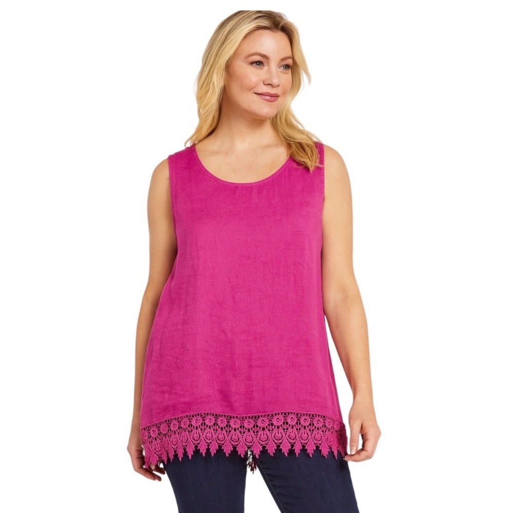 Tenzo Millennio 100% Linen Pink Tank Top Decorative Trim Size Medium